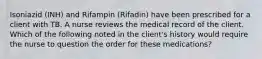 Isoniazid (INH) and Rifampin (Rifadin) have been prescribed for a client with TB. A nurse reviews the medical record of the client. Which of the following noted in the client's history would require the nurse to question the order for these medications?