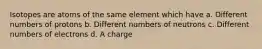 Isotopes are atoms of the same element which have a. Different numbers of protons b. Different numbers of neutrons c. Different numbers of electrons d. A charge