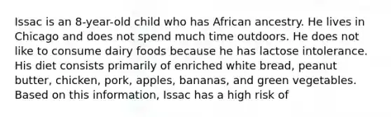 Issac is an 8-year-old child who has African ancestry. He lives in Chicago and does not spend much time outdoors. He does not like to consume dairy foods because he has lactose intolerance. His diet consists primarily of enriched white bread, peanut butter, chicken, pork, apples, bananas, and green vegetables. Based on this information, Issac has a high risk of