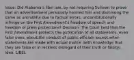 Issue: Did Alabama's libel law, by not requiring Sullivan to prove that an advertisement personally harmed him and dismissing the same as untruthful due to factual errors, unconstitutionally infringe on the First Amendment's freedom of speech and freedom of press protections? Decision: The Court held that the First Amendment protects the publication of all statements, even false ones, about the conduct of public officials except when statements are made with actual malice (with knowledge that they are false or in reckless disregard of their truth or falsity). Idea: LIBEL