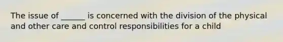 The issue of ______ is concerned with the division of the physical and other care and control responsibilities for a child