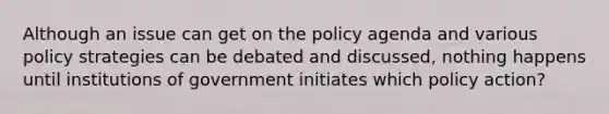 Although an issue can get on the policy agenda and various policy strategies can be debated and discussed, nothing happens until institutions of government initiates which policy action?