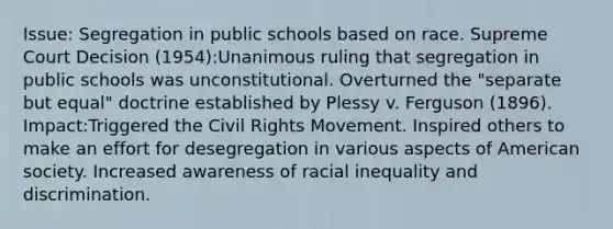 Issue: Segregation in public schools based on race. Supreme Court Decision (1954):Unanimous ruling that segregation in public schools was unconstitutional. Overturned the "separate but equal" doctrine established by Plessy v. Ferguson (1896). Impact:Triggered the Civil Rights Movement. Inspired others to make an effort for desegregation in various aspects of American society. Increased awareness of racial inequality and discrimination.