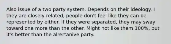 Also issue of a two party system. Depends on their ideology. I they are closely related, people don't feel like they can be represented by either. If they were separated, they may sway toward one more than the other. Might not like them 100%, but it's better than the alrertanive party.