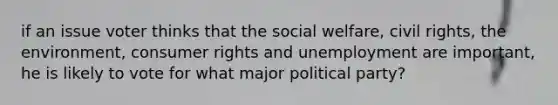 if an issue voter thinks that the social welfare, civil rights, the environment, consumer rights and unemployment are important, he is likely to vote for what major political party?