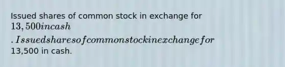 Issued shares of common stock in exchange for 13,500 in cash. Issued shares of common stock in exchange for13,500 in cash.