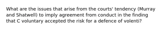 What are the issues that arise from the courts' tendency (Murray and Shatwell) to imply agreement from conduct in the finding that C voluntary accepted the risk for a defence of volenti?