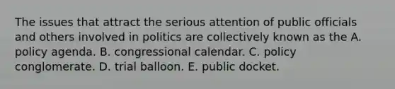 The issues that attract the serious attention of public officials and others involved in politics are collectively known as the A. policy agenda. B. congressional calendar. C. policy conglomerate. D. trial balloon. E. public docket.