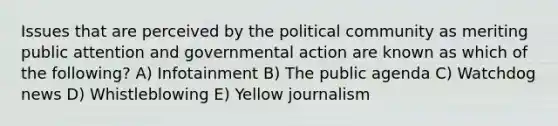 Issues that are perceived by the political community as meriting public attention and governmental action are known as which of the following? A) Infotainment B) The public agenda C) Watchdog news D) Whistleblowing E) Yellow journalism