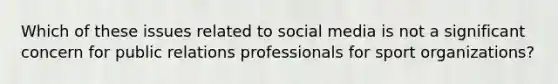 Which of these issues related to social media is not a significant concern for public relations professionals for sport organizations?