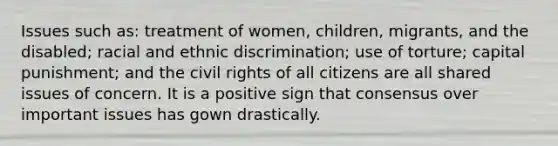 Issues such as: treatment of women, children, migrants, and the disabled; racial and ethnic discrimination; use of torture; capital punishment; and the civil rights of all citizens are all shared issues of concern. It is a positive sign that consensus over important issues has gown drastically.