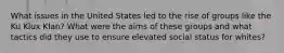 What issues in the United States led to the rise of groups like the Ku Klux Klan? What were the aims of these groups and what tactics did they use to ensure elevated social status for whites?
