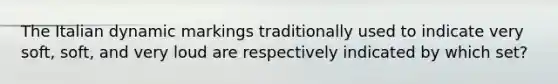 The Italian dynamic markings traditionally used to indicate very soft, soft, and very loud are respectively indicated by which set?