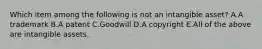 Which item among the following is not an intangible​ asset? A.A trademark B.A patent C.Goodwill D.A copyright E.All of the above are intangible assets.