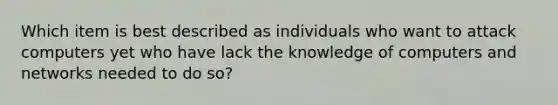 Which item is best described as individuals who want to attack computers yet who have lack the knowledge of computers and networks needed to do so?