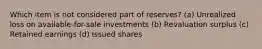 Which item is not considered part of reserves? (a) Unrealized loss on available-for-sale investments (b) Revaluation surplus (c) Retained earnings (d) Issued shares