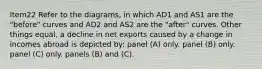 Item22 Refer to the diagrams, in which AD1 and AS1 are the "before" curves and AD2 and AS2 are the "after" curves. Other things equal, a decline in net exports caused by a change in incomes abroad is depicted by: panel (A) only. panel (B) only. panel (C) only. panels (B) and (C).