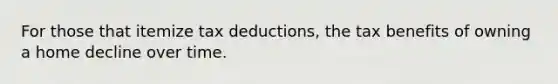 For those that itemize tax deductions, the tax benefits of owning a home decline over time.