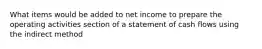 What items would be added to net income to prepare the operating activities section of a statement of cash flows using the indirect method