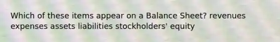 Which of these items appear on a Balance Sheet? revenues expenses assets liabilities stockholders' equity