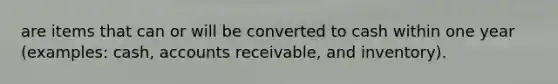 are items that can or will be converted to cash within one year (examples: cash, accounts receivable, and inventory).