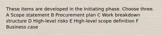 These items are developed in the Initiating phase. Choose three. A Scope statement B Procurement plan C Work breakdown structure D High-level risks E High-level scope definition F Business case