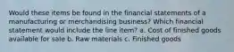 Would these items be found in the financial statements of a manufacturing or merchandising business? Which financial statement would include the line item? a. Cost of finished goods available for sale b. Raw materials c. Finished goods