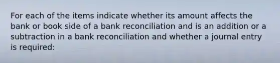 For each of the items indicate whether its amount affects the bank or book side of a bank reconciliation and is an addition or a subtraction in a bank reconciliation and whether a journal entry is required: