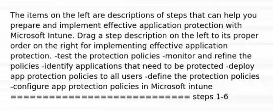 The items on the left are descriptions of steps that can help you prepare and implement effective application protection with Microsoft Intune. Drag a step description on the left to its proper order on the right for implementing effective application protection. -test the protection policies -monitor and refine the policies -identify applications that need to be protected -deploy app protection policies to all users -define the protection policies -configure app protection policies in Microsoft intune ============================ steps 1-6