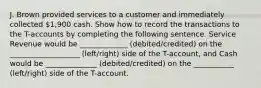 J. Brown provided services to a customer and immediately collected 1,900 cash. Show how to record the transactions to the T-accounts by completing the following sentence. Service Revenue would be _____________ (debited/credited) on the ___________________ (left/right) side of the T-account, and Cash would be ______________ (debited/credited) on the ___________ (left/right) side of the T-account.