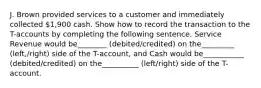 J. Brown provided services to a customer and immediately collected 1,900 cash. Show how to record the transaction to the T-accounts by completing the following sentence. Service Revenue would be________ (debited/credited) on the_________ (left,/right) side of the T-account, and Cash would be___________ (debited/credited) on the__________ (left/right) side of the T-account.