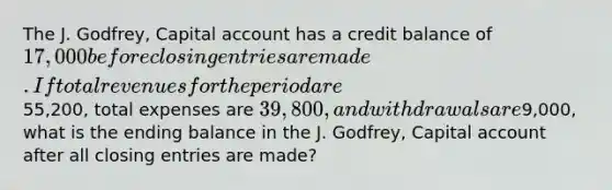 The J. Godfrey, Capital account has a credit balance of 17,000 before <a href='https://www.questionai.com/knowledge/kosjhwC4Ps-closing-entries' class='anchor-knowledge'>closing entries</a> are made. If total revenues for the period are55,200, total expenses are 39,800, and withdrawals are9,000, what is the ending balance in the J. Godfrey, Capital account after all closing entries are made?