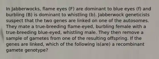 In Jabberwocks, flame eyes (F) are dominant to blue eyes (f) and burbling (B) is dominant to whistling (b). Jabberwock geneticists suspect that the two genes are linked on one of the autosomes. They mate a true-breeding flame-eyed, burbling female with a true-breeding blue-eyed, whistling male. They then remove a sample of gametes from one of the resulting offspring. If the genes are linked, which of the following is(are) a recombinant gamete genotype?