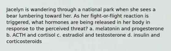 Jacelyn is wandering through a national park when she sees a bear lumbering toward her. As her fight-or-flight reaction is triggered, what hormones are being released in her body in response to the perceived threat? a. melatonin and progesterone b. ACTH and cortisol c. estradiol and testosterone d. insulin and corticosteroids