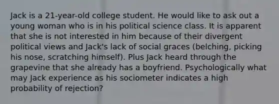 Jack is a 21-year-old college student. He would like to ask out a young woman who is in his political science class. It is apparent that she is not interested in him because of their divergent political views and Jack's lack of social graces (belching, picking his nose, scratching himself). Plus Jack heard through the grapevine that she already has a boyfriend. Psychologically what may Jack experience as his sociometer indicates a high probability of rejection?