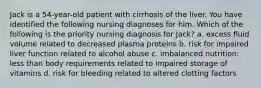 Jack is a 54-year-old patient with cirrhosis of the liver. You have identified the following nursing diagnoses for him. Which of the following is the priority nursing diagnosis for Jack? a. excess fluid volume related to decreased plasma proteins b. risk for impaired liver function related to alcohol abuse c. imbalanced nutrition: less than body requirements related to impaired storage of vitamins d. risk for bleeding related to altered clotting factors