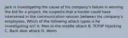 Jack is investigating the cause of his company's failure in winning the bid for a project. He suspects that a hacker could have intervened in the communication session between his company's employees. Which of the following attack types is he investigating on? A. Man-in-the-middle attack B. TCP/IP hijacking C. Back door attack D. Worm