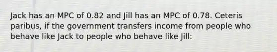 Jack has an MPC of 0.82 and Jill has an MPC of 0.78. Ceteris paribus, if the government transfers income from people who behave like Jack to people who behave like Jill: