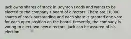 Jack owns shares of stock in Boynton Foods and wants to be elected to the company's board of directors. There are 10,000 shares of stock outstanding and each share is granted one vote for each open position on the board. Presently, the company is voting to elect two new directors. Jack can be assured of his election