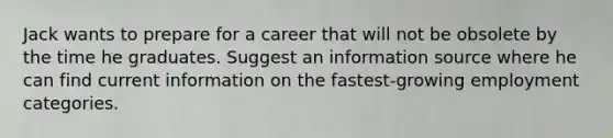 Jack wants to prepare for a career that will not be obsolete by the time he graduates. Suggest an information source where he can find current information on the fastest-growing employment categories.