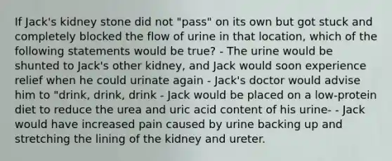 If Jack's kidney stone did not "pass" on its own but got stuck and completely blocked the flow of urine in that location, which of the following statements would be true? - The urine would be shunted to Jack's other kidney, and Jack would soon experience relief when he could urinate again - Jack's doctor would advise him to "drink, drink, drink - Jack would be placed on a low-protein diet to reduce the urea and uric acid content of his urine- - Jack would have increased pain caused by urine backing up and stretching the lining of the kidney and ureter.