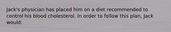 ​Jack's physician has placed him on a diet recommended to control his blood cholesterol. In order to follow this plan, Jack would: