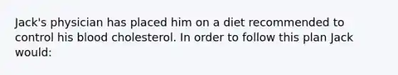 Jack's physician has placed him on a diet recommended to control his blood cholesterol. In order to follow this plan Jack would: