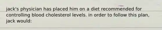 jack's physician has placed him on a diet recommended for controlling blood cholesterol levels. in order to follow this plan, jack would: