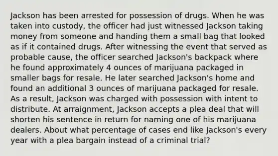 Jackson has been arrested for possession of drugs. When he was taken into custody, the officer had just witnessed Jackson taking money from someone and handing them a small bag that looked as if it contained drugs. After witnessing the event that served as probable cause, the officer searched Jackson's backpack where he found approximately 4 ounces of marijuana packaged in smaller bags for resale. He later searched Jackson's home and found an additional 3 ounces of marijuana packaged for resale. As a result, Jackson was charged with possession with intent to distribute. At arraignment, Jackson accepts a plea deal that will shorten his sentence in return for naming one of his marijuana dealers. About what percentage of cases end like Jackson's every year with a plea bargain instead of a criminal trial?