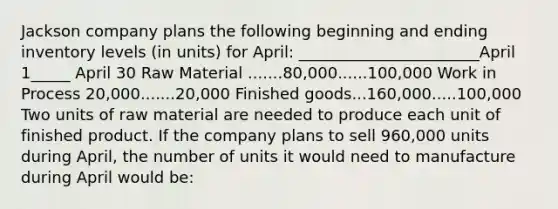 Jackson company plans the following beginning and ending inventory levels (in units) for April: _______________________April 1_____ April 30 Raw Material .......80,000......100,000 Work in Process 20,000.......20,000 Finished goods...160,000.....100,000 Two units of raw material are needed to produce each unit of finished product. If the company plans to sell 960,000 units during April, the number of units it would need to manufacture during April would be: