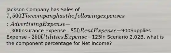 Jackson Company has Sales of 7,500The company has the following expenses:Advertising Expense -1,300Insurance Expense - 850Rent Expense -900Supplies Expense - 250Utilities Expense -125In Scenario 2.02B, what is the component percentage for Net Income?