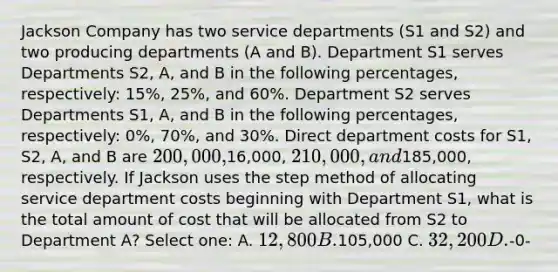 Jackson Company has two service departments (S1 and S2) and two producing departments (A and B). Department S1 serves Departments S2, A, and B in the following percentages, respectively: 15%, 25%, and 60%. Department S2 serves Departments S1, A, and B in the following percentages, respectively: 0%, 70%, and 30%. Direct department costs for S1, S2, A, and B are 200,000,16,000, 210,000, and185,000, respectively. If Jackson uses the step method of allocating service department costs beginning with Department S1, what is the total amount of cost that will be allocated from S2 to Department A? Select one: A. 12,800 B.105,000 C. 32,200 D.-0-