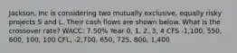 Jackson, Inc is considering two mutually exclusive, equally risky projects S and L. Their cash flows are shown below. What is the crossover rate? WACC: 7.50% Year 0, 1, 2, 3, 4 CFS -1,100, 550, 600, 100, 100 CFL, -2,700, 650, 725, 800, 1,400