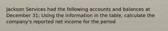 Jackson Services had the following accounts and balances at December 31; Using the information in the table, calculate the company's reported net income for the period